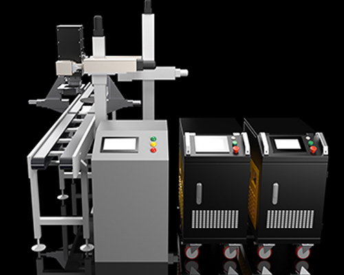 two laser cleaning machines, a central control system, a conveyor